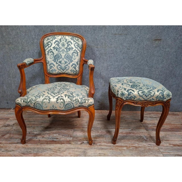 Blue Set of Late 20th Century Cherry Wood Cabriolet Armchair and Ottoman For Sale - Image 8 of 8