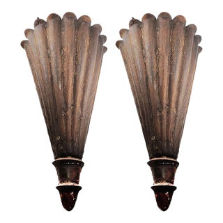 Large Vintage Rusty Metal Fluted Torchiere Wall Pocket Bracket Sconces - A Pair For Sale