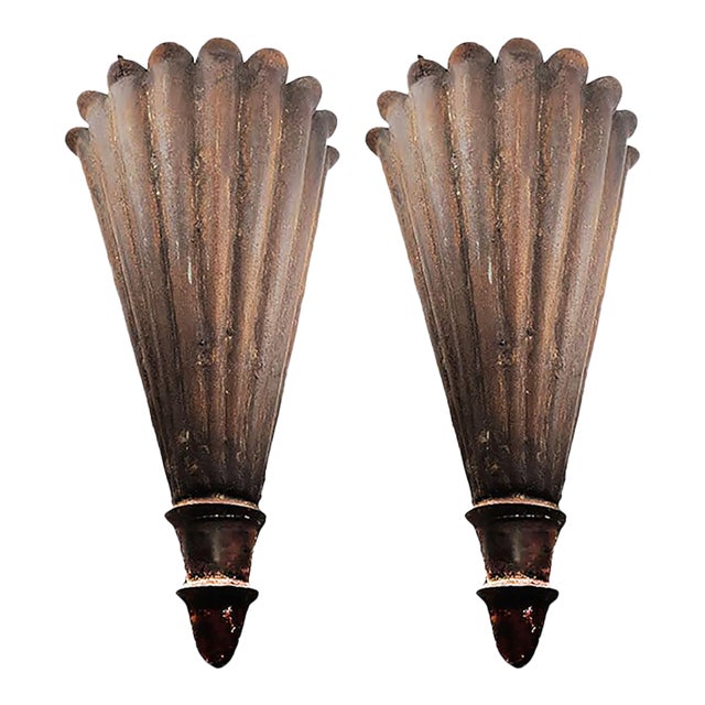 Large Vintage Rusty Metal Fluted Torchiere Wall Pocket Bracket Sconces - A Pair For Sale