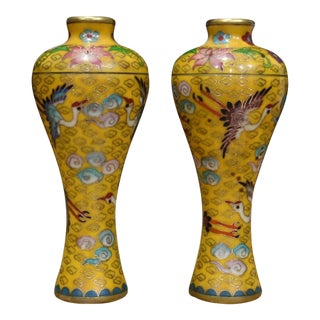 Chinese Cloisonné Vase Pair With Original Silk Box / Crane & Cloud Motif For Sale