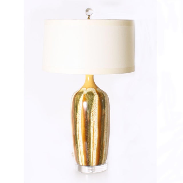 Ceramic Pair of Yellow and Green Ceramic Drip Glaze Lamps, C. 1970 For Sale - Image 7 of 8