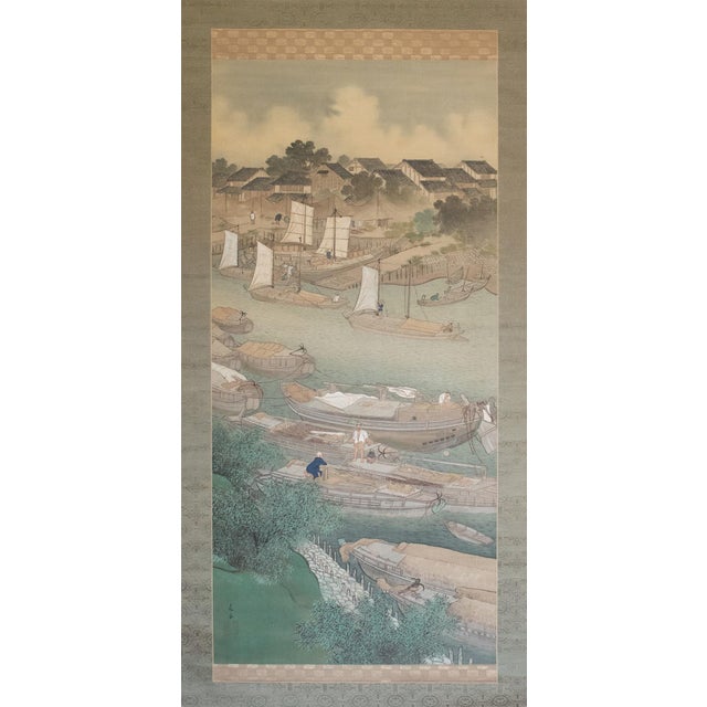 XXL "Fishing Village" by Yoshika, Taisho Japanese Silk Scroll Painting, in Original Wooden Case For Sale - Image 18 of 18