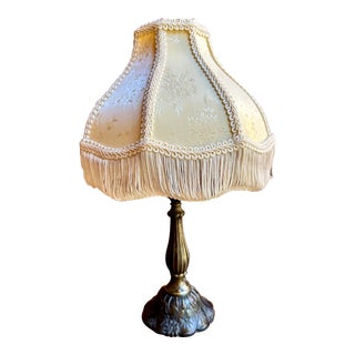 Vintage Victorian Art Deco Style Fringed Table Lamp With Ivory Fringed Shade For Sale