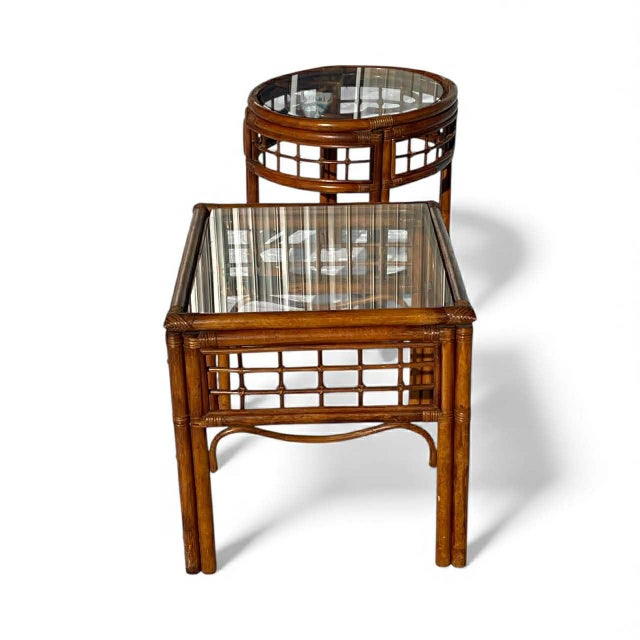 Vintage French Country Bamboo Rattan Brass Accents End Tables Side Tables W Glass Top For Sale - Image 11 of 17
