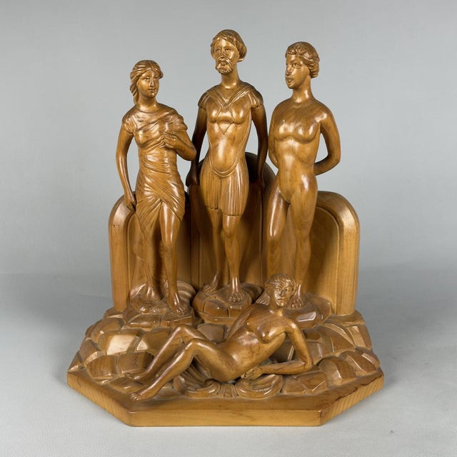 Art Deco Style Carved Wood Sculpture Group from Scurati, 1950s For Sale - Image 6 of 17