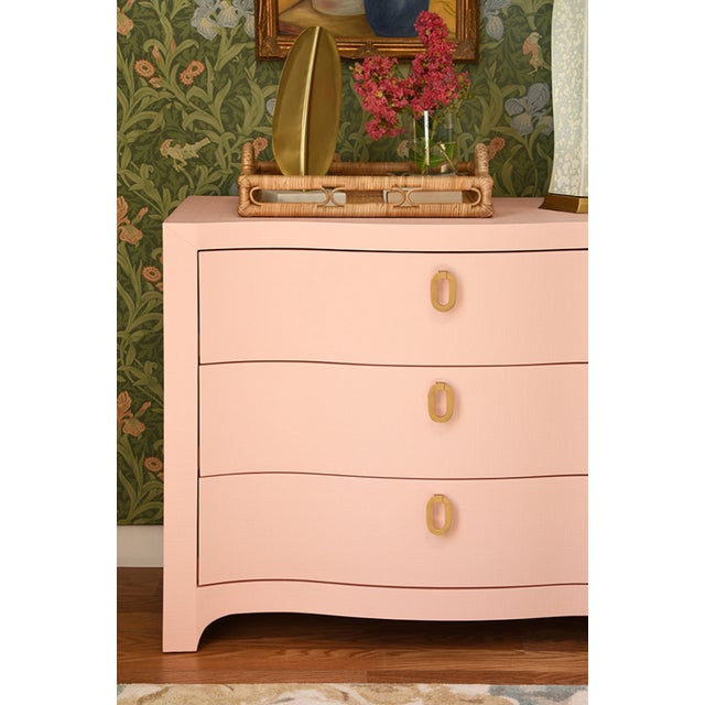 Worlds Away Matthew Izzo Home Cora Textured Pink Linen Low Boy Chest of Drawers With Brass Drawer Pulls For Sale - Image 4 of 7