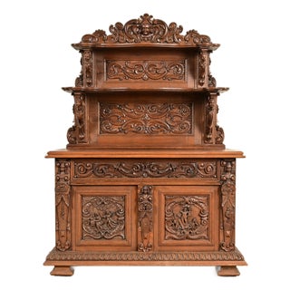 Alexander Roux Style French Renaissance Revival Carved Oak Sideboard or Bar Cabinet, Circa 1890s For Sale