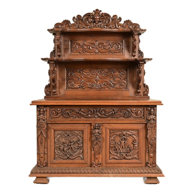 Alexander Roux Style French Renaissance Revival Carved Oak Sideboard or Bar Cabinet, Circa 1890s For Sale