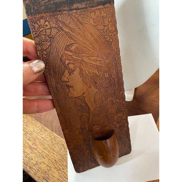 Arts & Crafts Early 20th Century Pyrography Match Holder Native American Woman Primitive Burnt Wood For Sale - Image 3 of 12