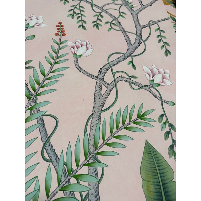 Pink Hand-Painted Chinoiserie Botanical Mural Wallpaper on Pink Edo Xuan Paper, Set of 4 Panels For Sale - Image 8 of 9