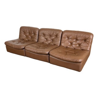 Vintage 1970's Brown Leather Modular Sofa For Sale