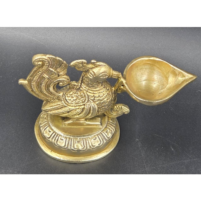 Indian Vintage Mid-Century Solid Handcrafted Brass Peacock Diya- Oil Lamp For Sale - Image 3 of 18