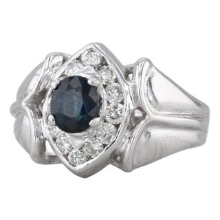 0.82ctw Blue Sapphire Diamond Halo Ring 18k White Gold Size 3.5 Engagement For Sale
