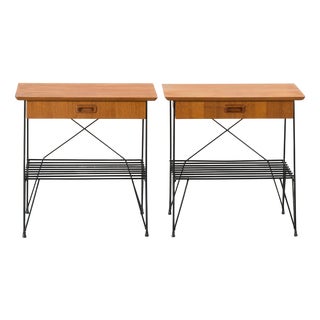 Teak on Metal Base Nightstands, Sweden, 1950, Set of 2 For Sale