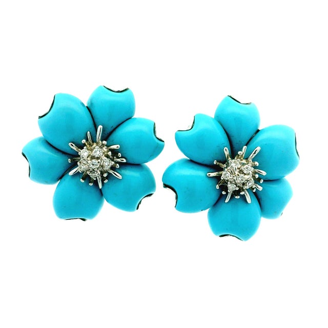 1980s Circa 1980s Italian 18k White Gold Persian Turquoise and Diamond Floral Earrings For Sale - Image 5 of 12