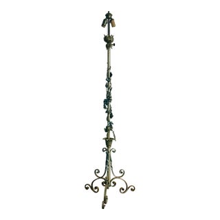 Vintage Sculptural Wrought Iron Two-Light Floor Lamp, Torchère With Grape Vine Entwined Column, Circa 1950s For Sale