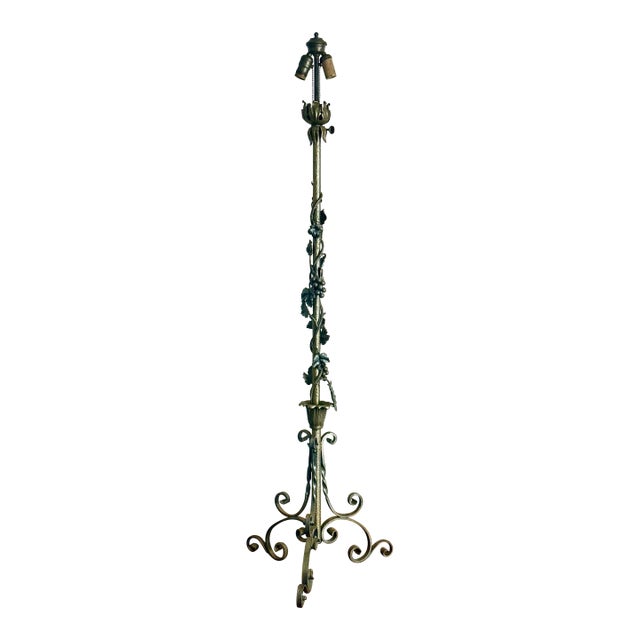 Vintage Sculptural Wrought Iron Two-Light Floor Lamp, Torchère With Grape Vine Entwined Column, Circa 1950s For Sale