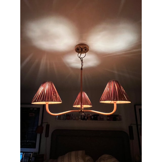 Woven Brand Light "Delphine" Style 3-Arm Rattan and Brass Chandelier For Sale - Image 10 of 12