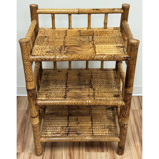 Chinoiserie Vintage Scorched Bamboo Three Tier Etagere Shelf For Sale - Image 3 of 11