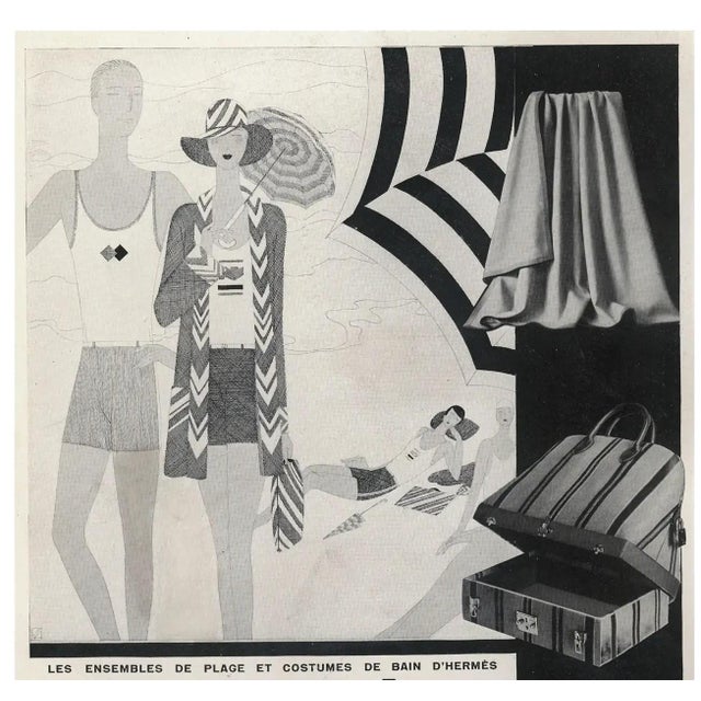This is a RARE to find image! It is a 1929 French Art Deco Hermès fashion advertisement print for beachwear and...