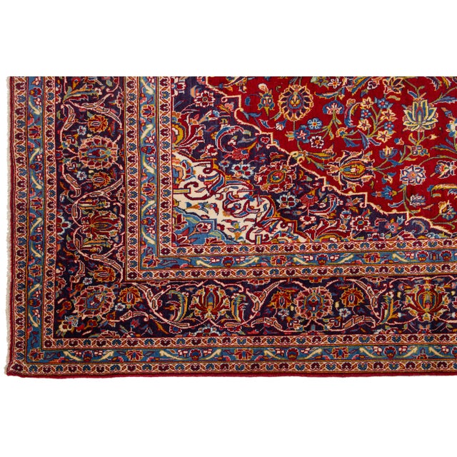 Red Room Size Vintage Kashan Medallion Wool Rug in Red and Blue For Sale - Image 8 of 10