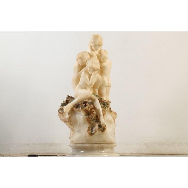 Quality Circa 1920's Large Alabaster Lamp of 4 Nymphs Cuddled Together, Lamp on Electrified Base. All Good, No Flaws....