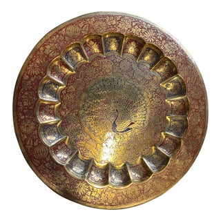 Vintage Brass Tray With Red Peacock Accents For Sale
