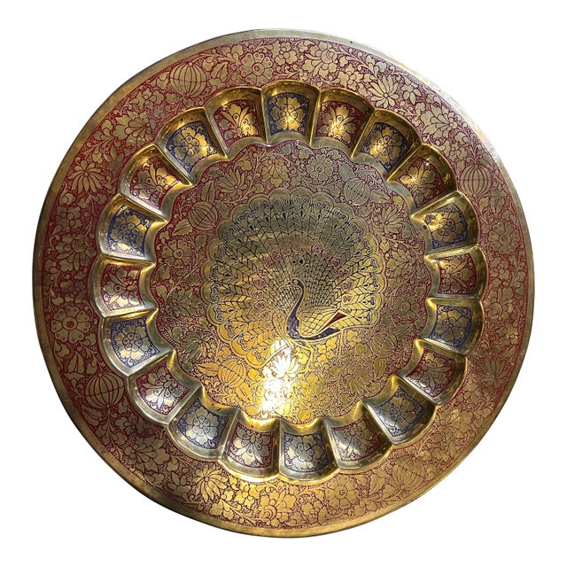 Vintage Brass Tray With Red Peacock Accents For Sale