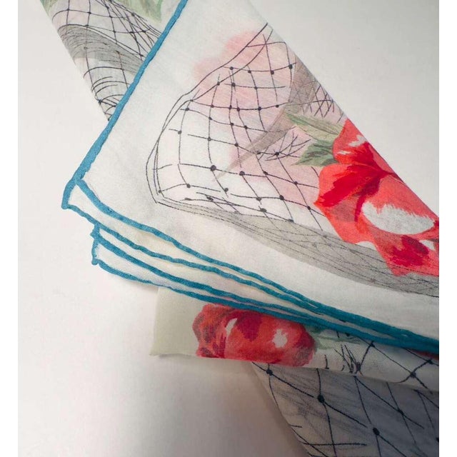 Vintage 1940s French Rose Scarf Cotton Floral Handkerchief Hand Rolled Turquoise Edge Floral Illustration Romantic Accessories For Sale - Image 9 of 9