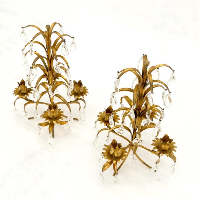 Late 20th Century Decorative Italian Gold Gilt Metal & Crystals Candle Stands MINT For Sale - Image 4 of 10