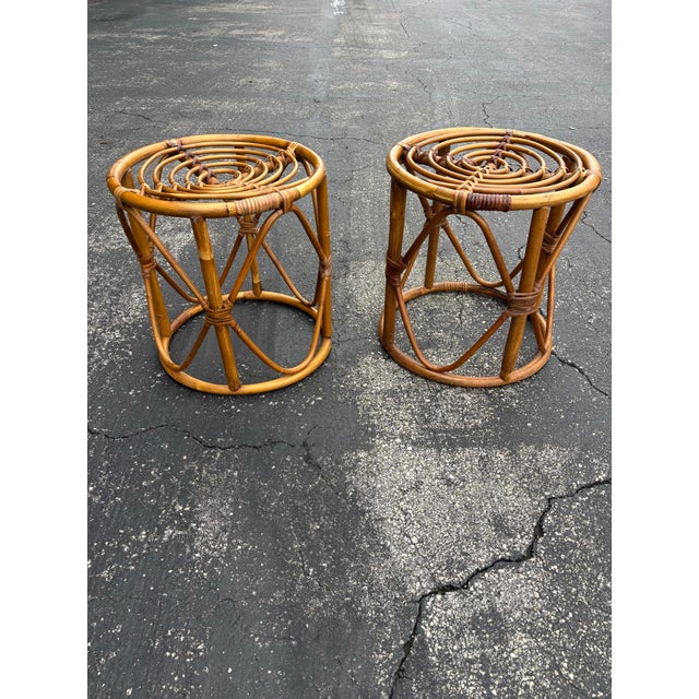 A refined pair of vintage Italian Riviera bamboo stools, executed in the spirit of Franco Albini–style mid-century Italian...