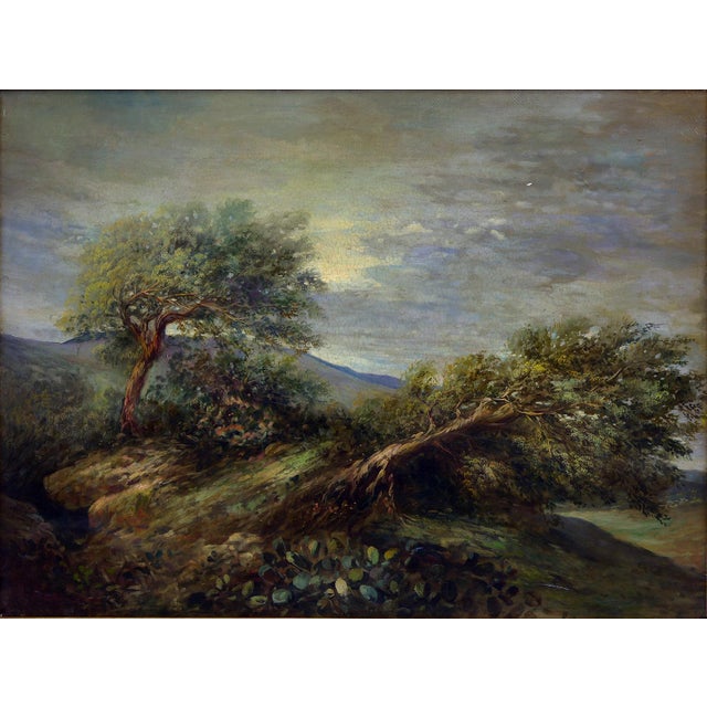 This vintage oil on canvas painting beautifully captures a serene rural landscape. The artwork, with its lush depiction of...