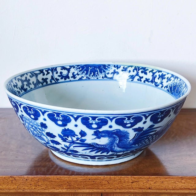 Late 19th Century Chinese Blue and White Porcelain Bowl Depicting Phoenix and Peonies Flowers Finely hand painted,...