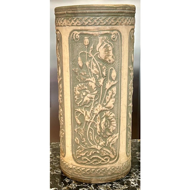 Shabby Chic A Robinson Ransbottom, 1926, Art Nouveau, Victorian, Luxor Antique, Blue-Green, Poppy-Patterned Pottery, Umbrella/Cane Stand/Vase For Sale - Image 3 of 9
