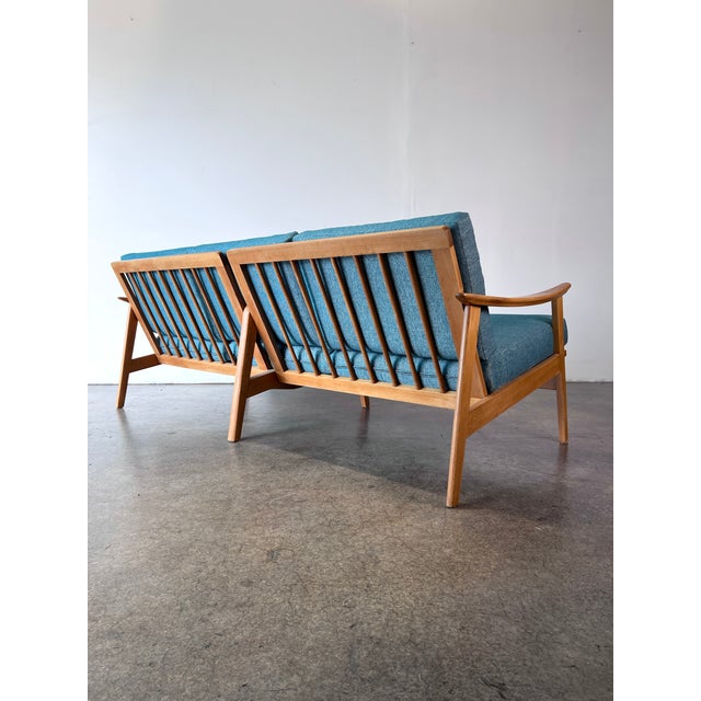 1960s Beechwood Mid Century Danish Modern 3 Seater Sofa Reupholstered in a Blue Chenille For Sale In Orlando - Image 6 of 10