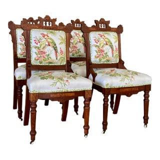 Late 19th Century Eastlake Dining Chairs With Thiabut Parrot Upholstery Fabric-Set of Four For Sale