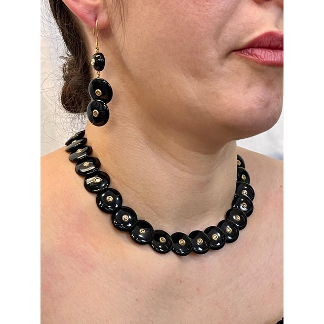 Round Circle Black Onyx with Rose Cut Diamond 18 Karat Gold Necklace, Earrings For Sale - Image 9 of 18