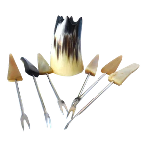 Vintage Horn Tapas Holder and Set of Six, Hand-Carved Horn Forks, Made in Spain