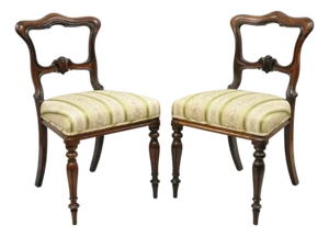 Antique English Victorian Carved Rosewood Parlor Dining Side Chairs - A Pair