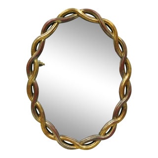 Vintage Hollywood Regency Gold Woven Interlocking Pretzel Ribbon Oval Mirror For Sale