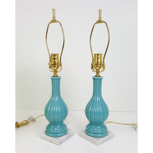 MidCentury Modern Aqua Blue Pottery Lamps With Chartreuse Shades a