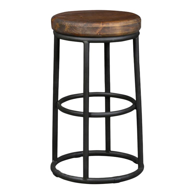 Round Salvaged Pine & Iron Counter Stool For Sale