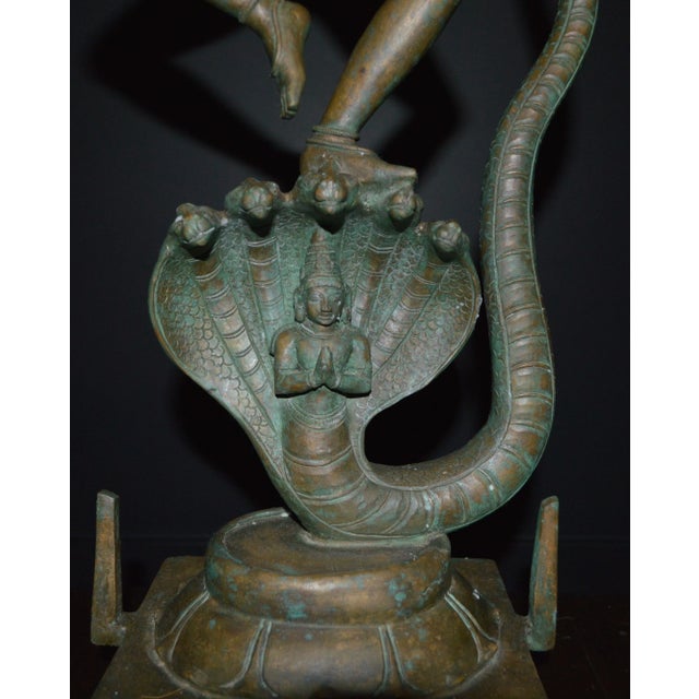 1940s Mid Century Indian Chola Style Bronze Metal Krishna Dance Snake Tandava Tall Large Antique Statue Figure For Sale - Image 5 of 13