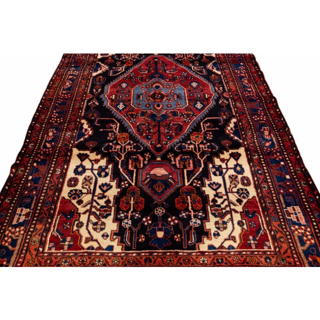 Navy Blue Vintage Handmade Persian Navy Blue Medallion Wool Rug 6'3" X 9'4" For Sale - Image 8 of 11