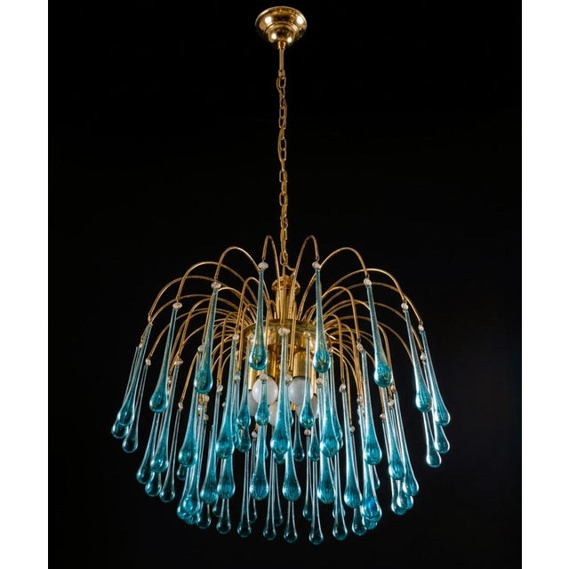 Vintage Gold Rain Chandelier with Handmade Murano Glass Blue Drop, Italy, 1960 For Sale - Image 3 of 13