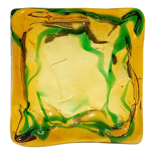 Salviati Gaspari Murano Vintage Golden Amber Green Swirl Italian Art Glass Landscape Design Bowl Ashtray For Sale