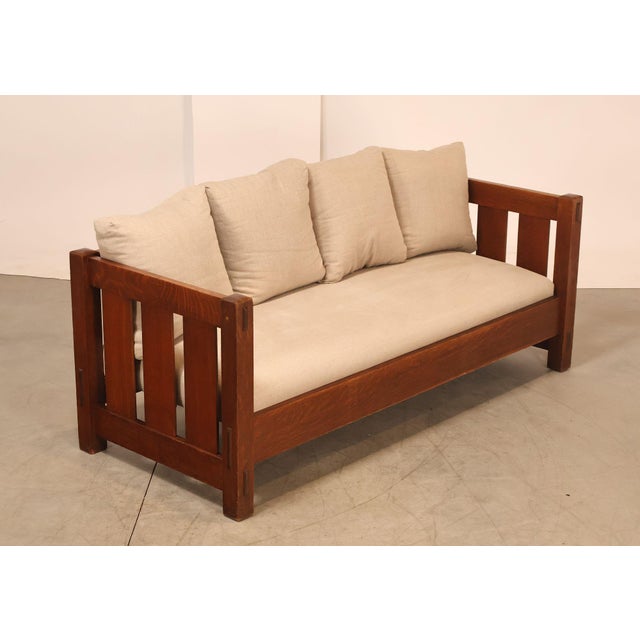 High Quality American Made Antique Gustav Stickley No. 208 Settle Constructed In Quarter Sawn Oak. Features Slatted Arms,...