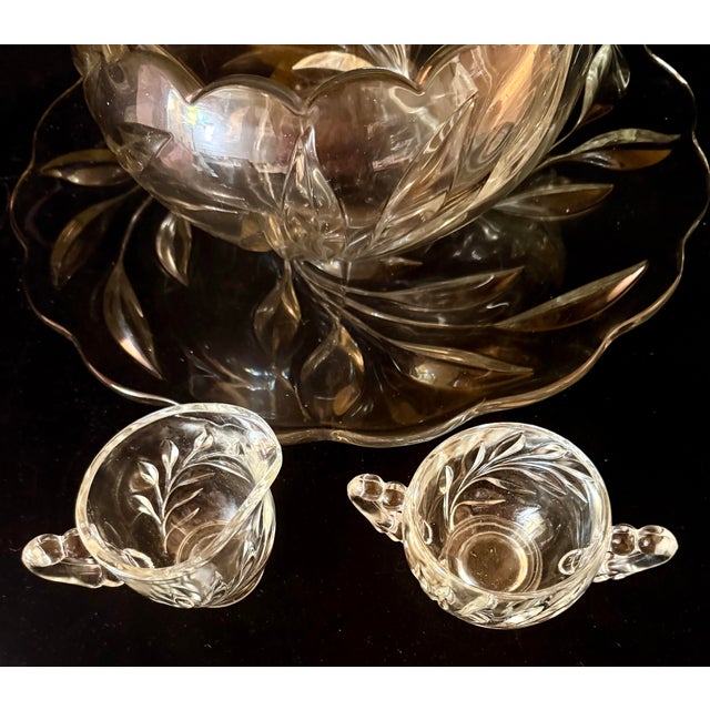 Mid-Century Modern Mid 20th Century Indiana Glass Willow Punch Bowl Set With Cream and Sugar Set - Set of 4 For Sale - Image 3 of 12