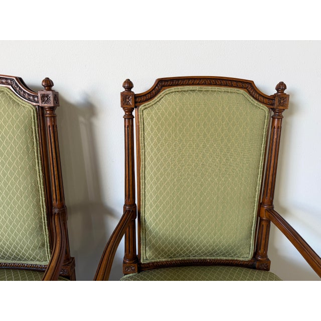 Wood Vintage French Louis XVI Style Carved Walnut Armchairs With Green Upholstery – A Pair For Sale - Image 7 of 12