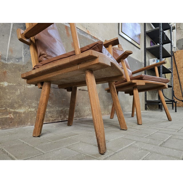 Vintage Rustic Oak Chairs with Leather Cushions, 1970s, Set of 2 For Sale - Image 12 of 18